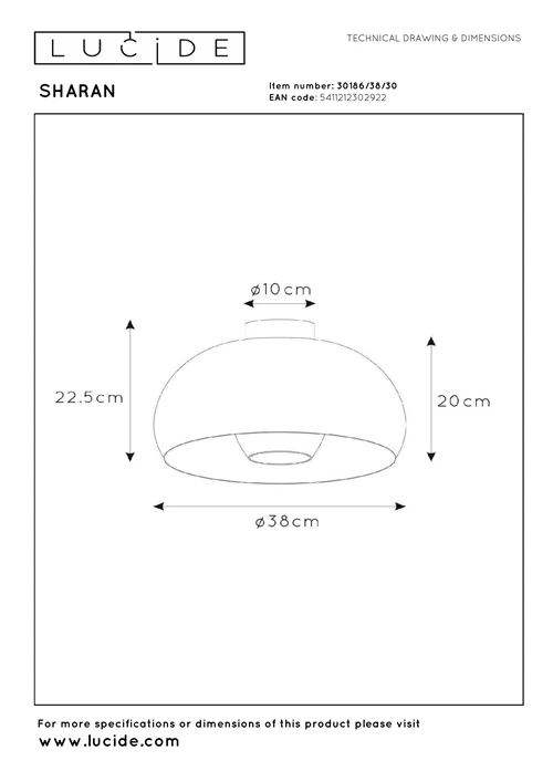 Lucide SHARAN - Plafonnière - Ø 38 cm - 1xE27 - Zwart - technisch